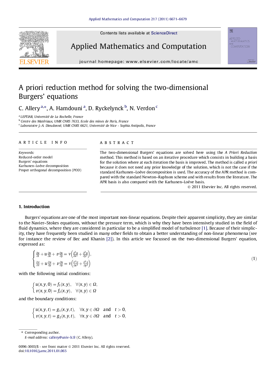 A priori reduction method for solving the two-dimensional Burgers' equations