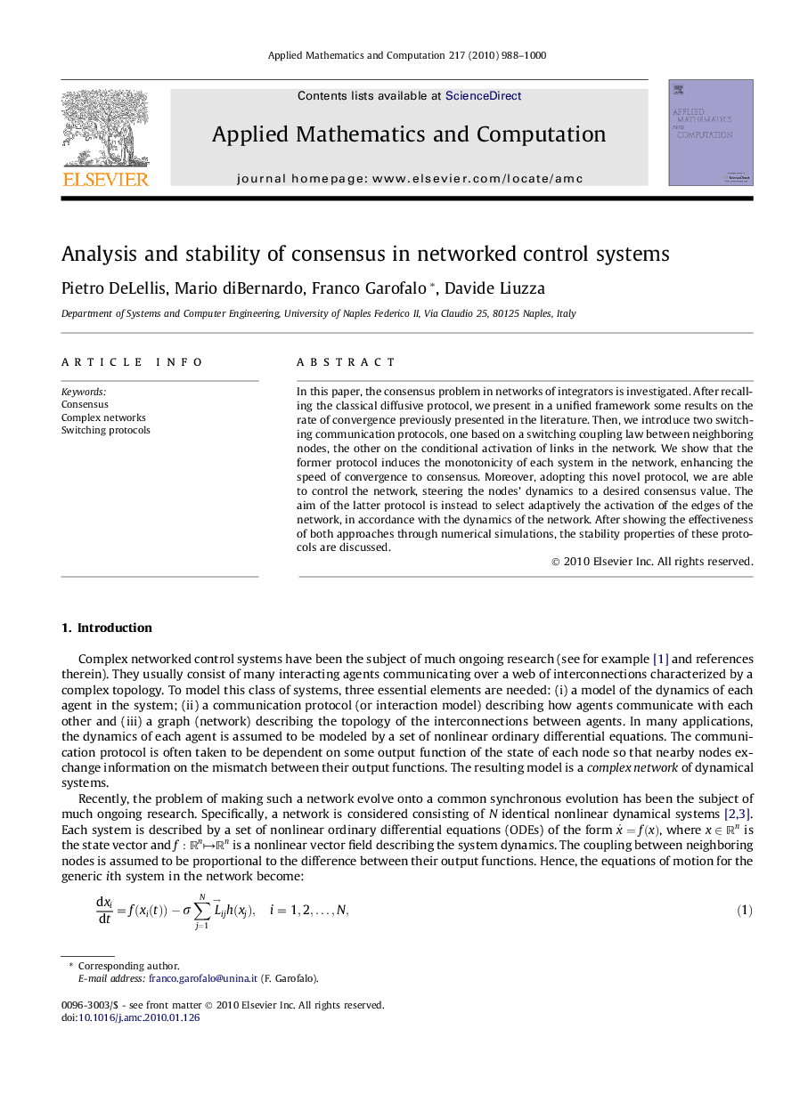 Analysis and stability of consensus in networked control systems