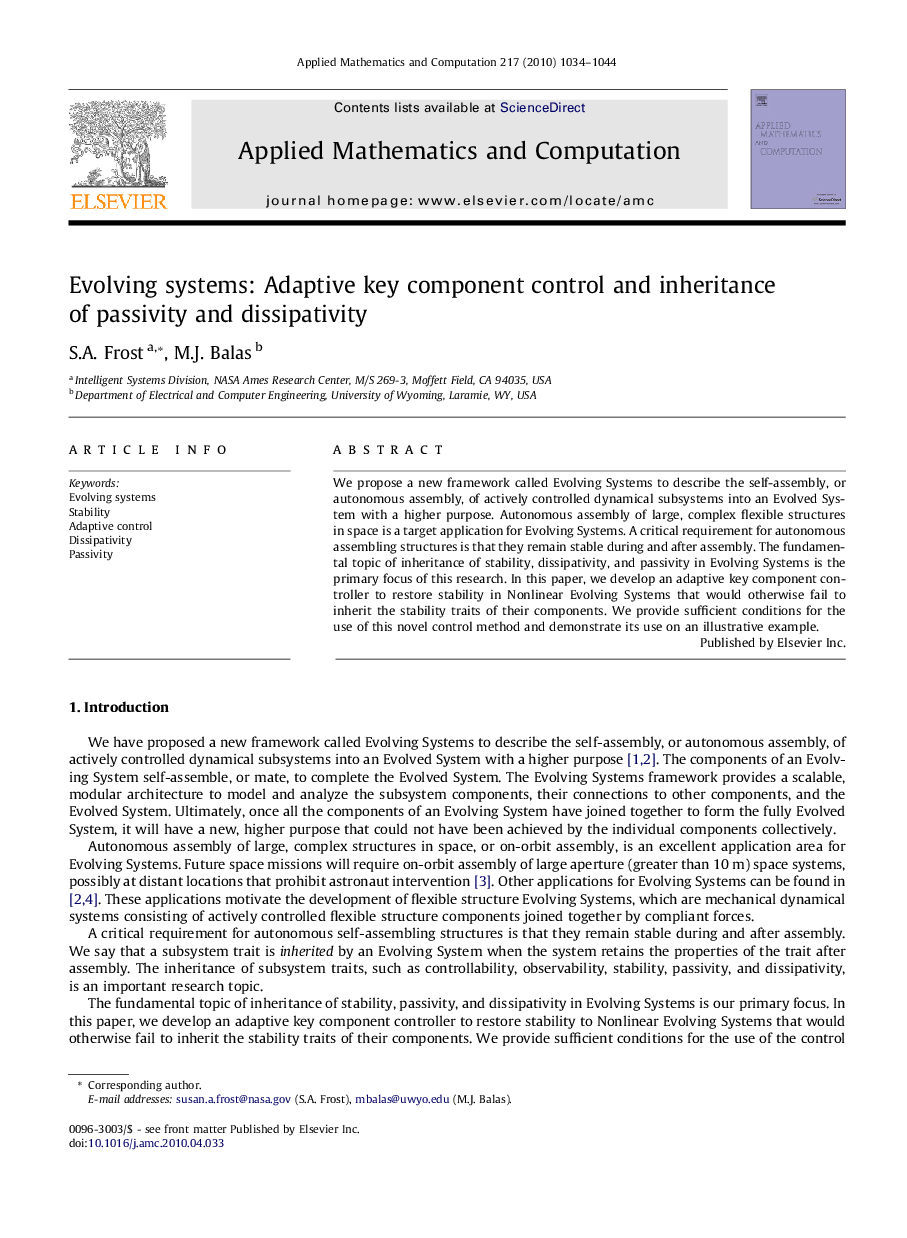 عکس صفحه اول مقاله: Evolving systems: Adaptive key component control and inheritance of passivity and dissipativity Evolving systems: Adaptive key component control and inheritance of passivity and dissipativity