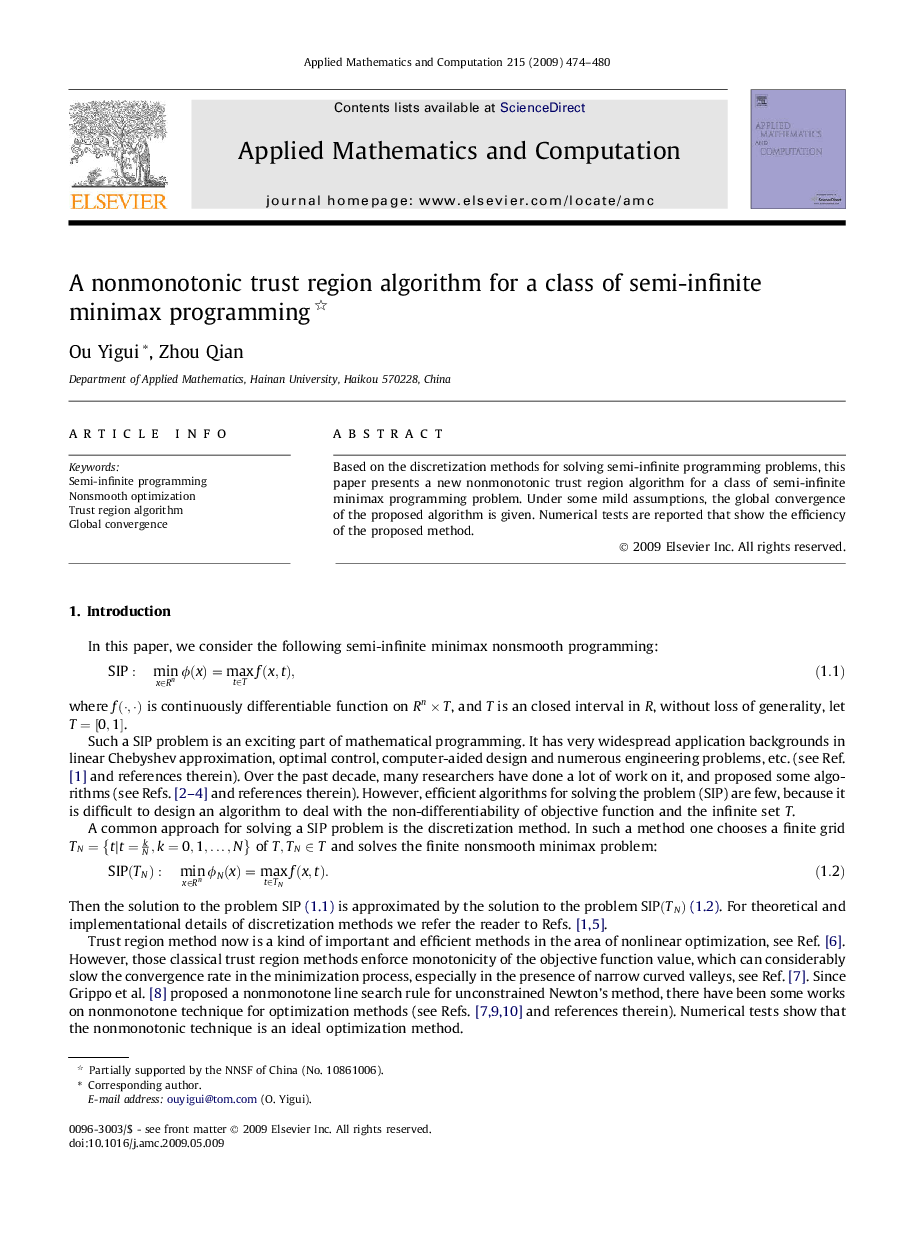 A nonmonotonic trust region algorithm for a class of semi-infinite minimax programming