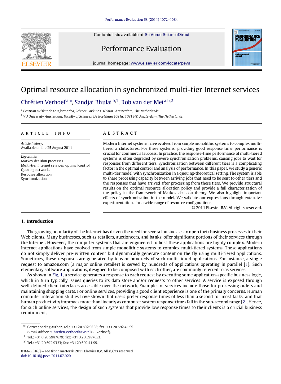 Optimal resource allocation in synchronized multi-tier Internet services