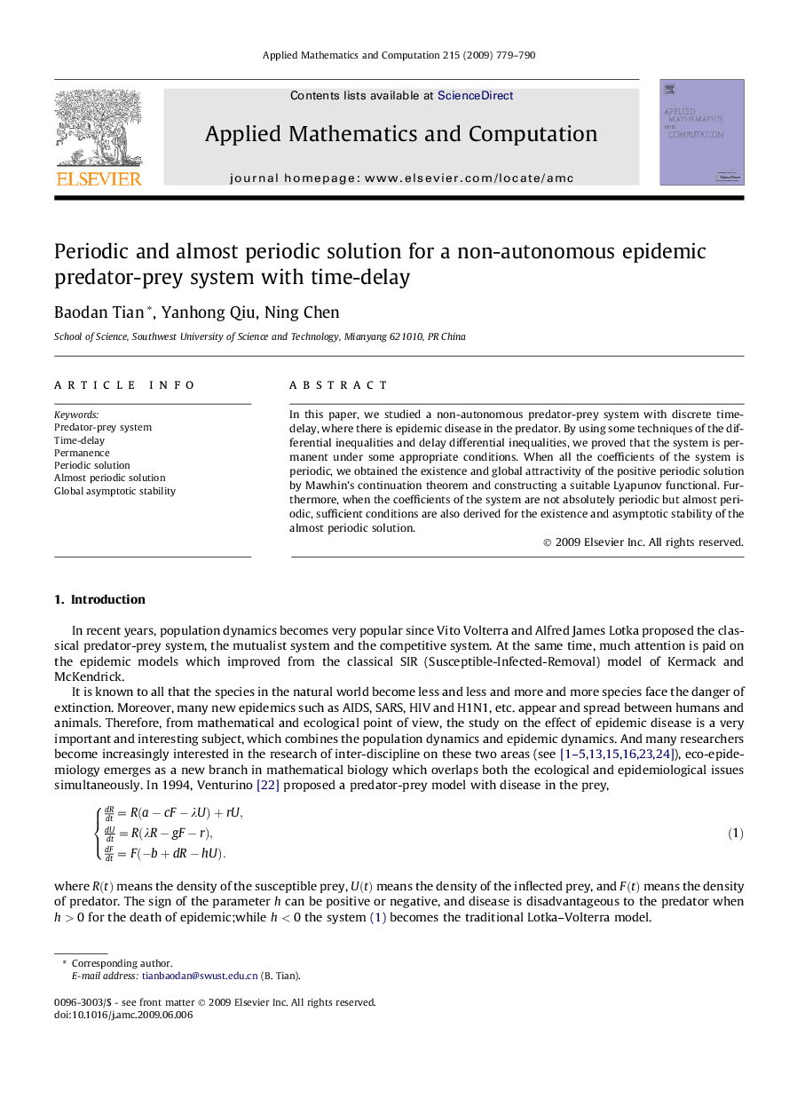 Periodic and almost periodic solution for a non-autonomous epidemic predator-prey system with time-delay