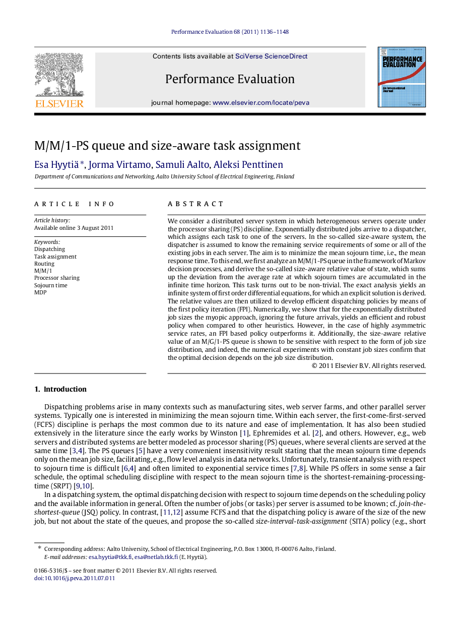 M/M/1-PS queue and size-aware task assignment