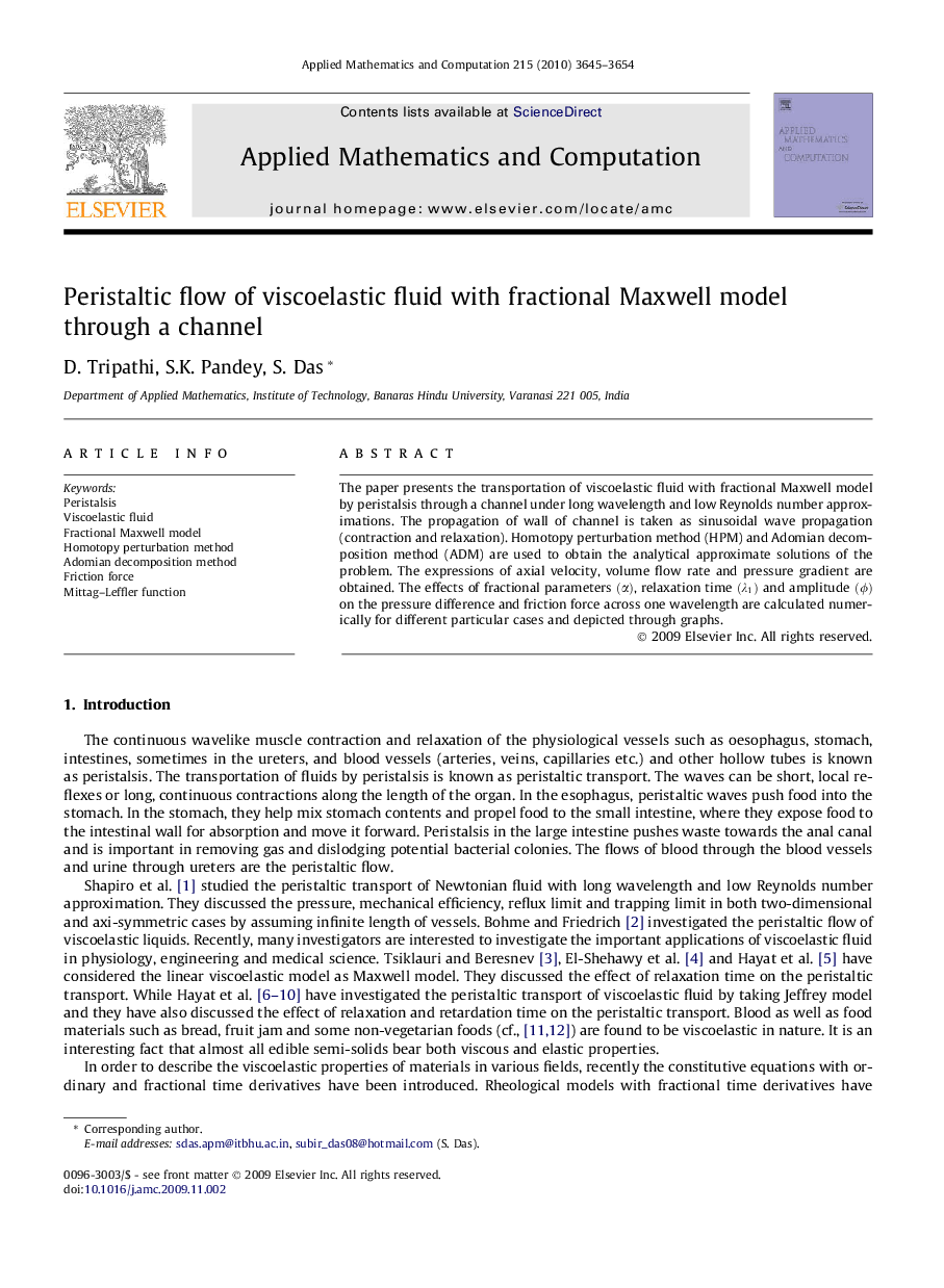 Peristaltic flow of viscoelastic fluid with fractional Maxwell model through a channel