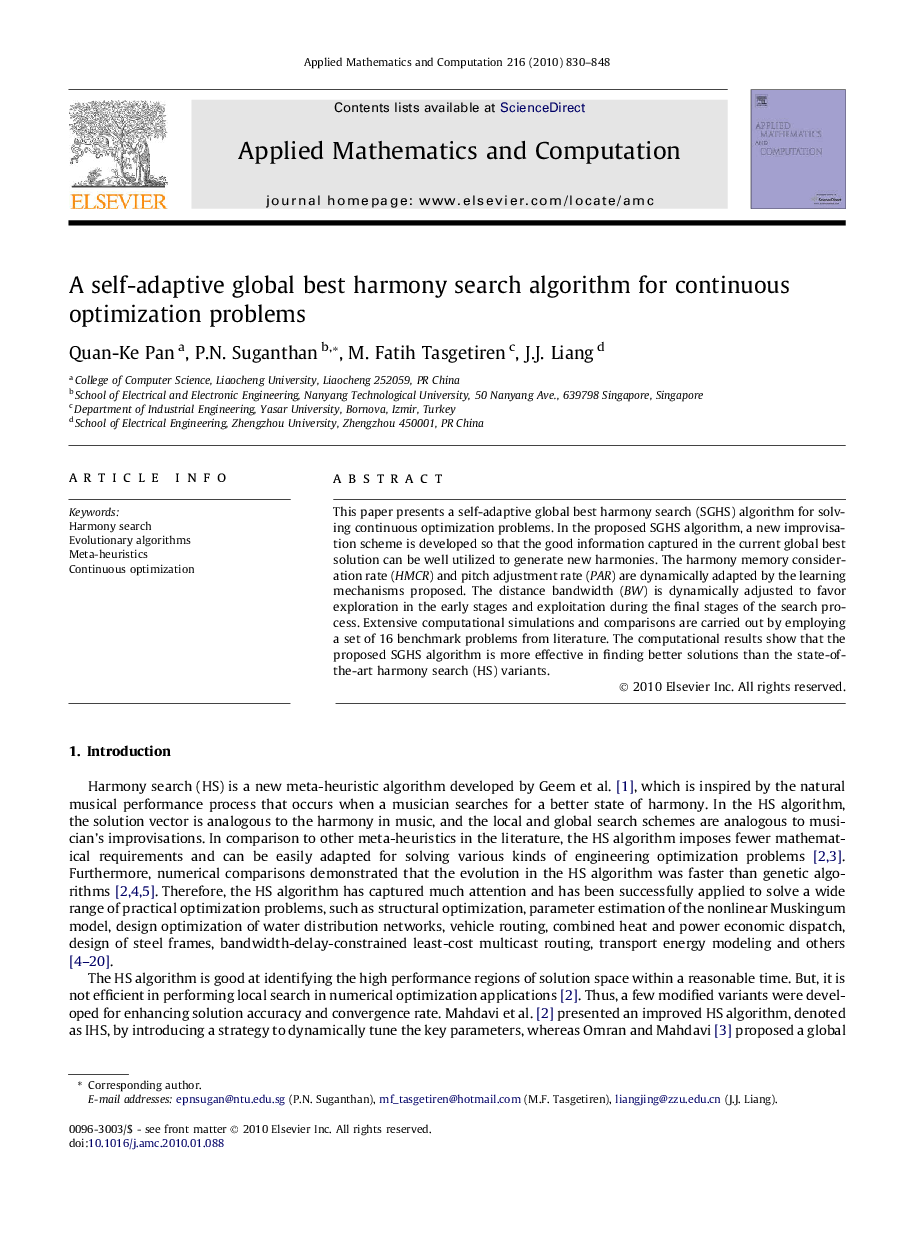 A self-adaptive global best harmony search algorithm for continuous optimization problems