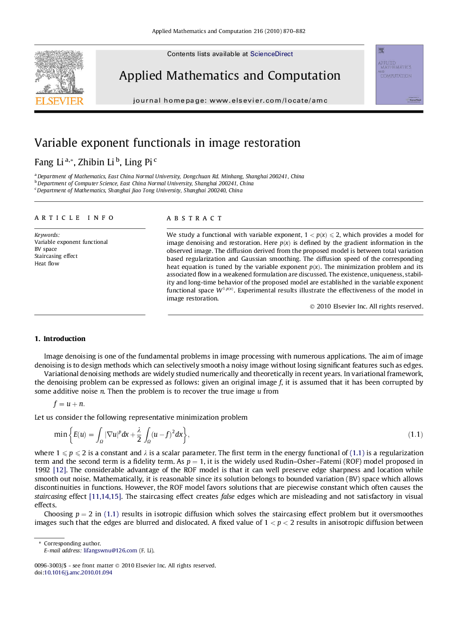 Variable exponent functionals in image restoration