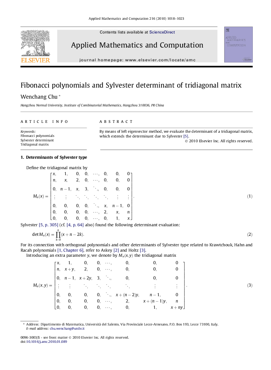 Fibonacci polynomials and Sylvester determinant of tridiagonal matrix