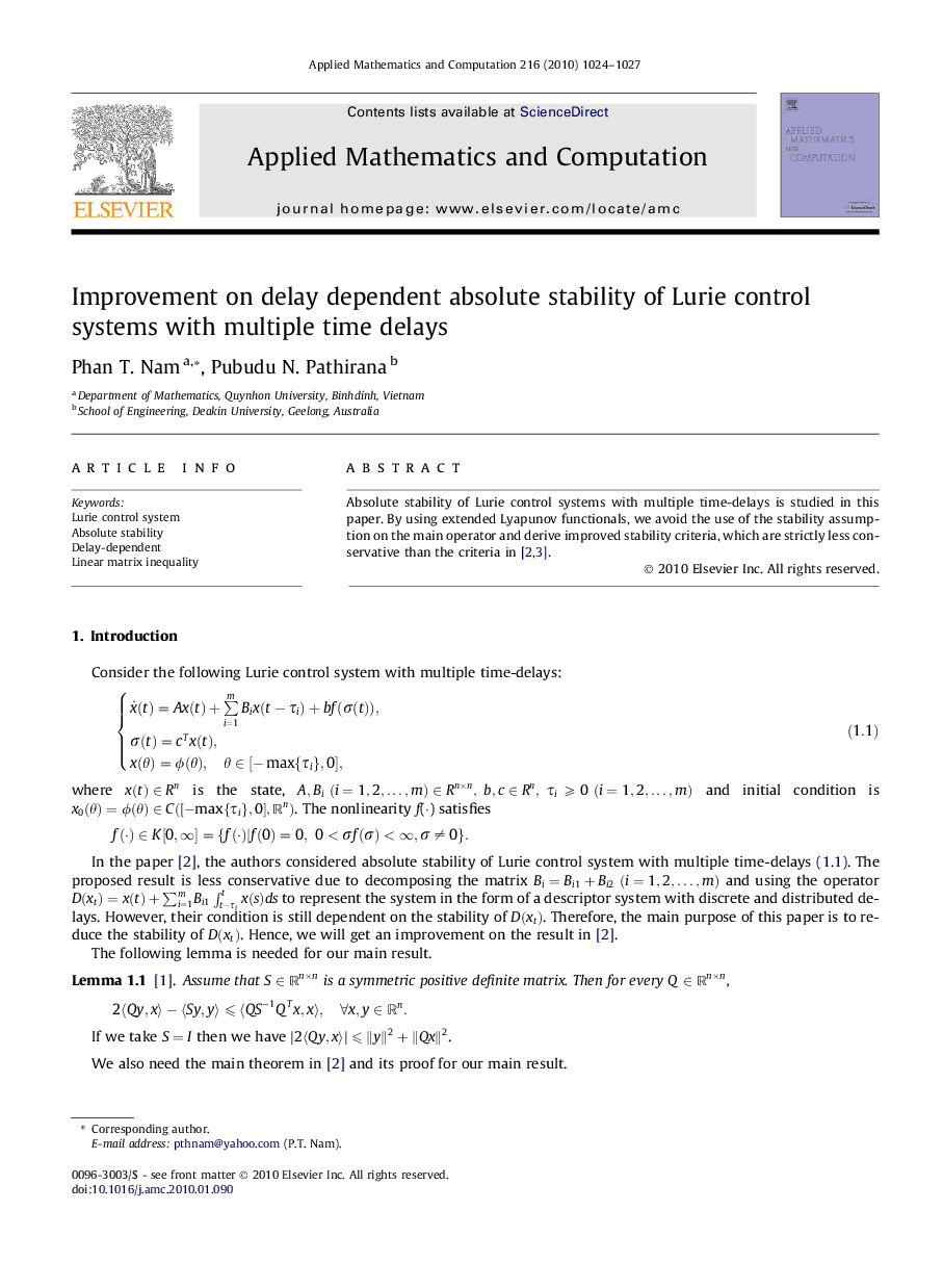 Improvement on delay dependent absolute stability of Lurie control systems with multiple time delays