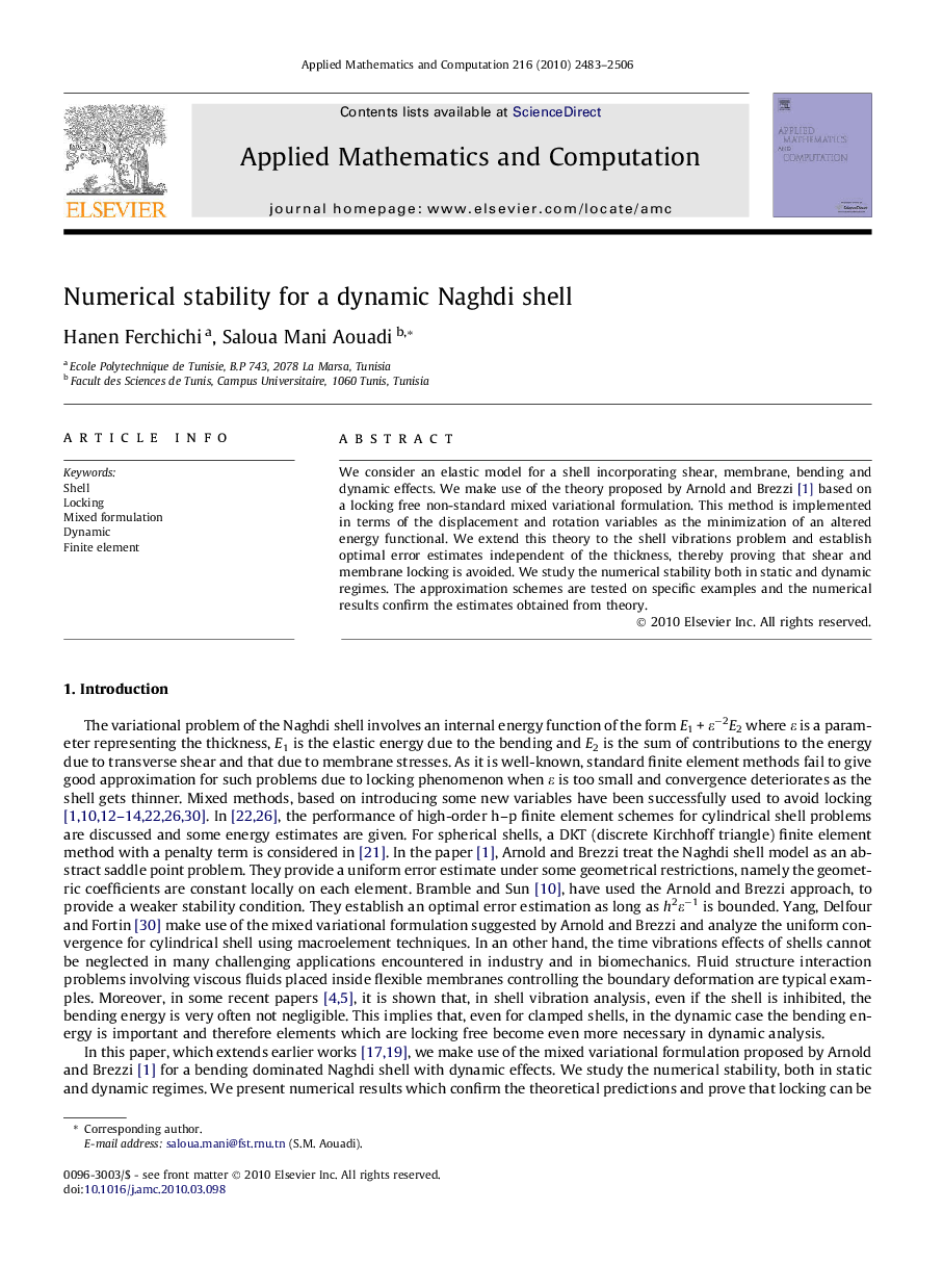 Numerical stability for a dynamic Naghdi shell