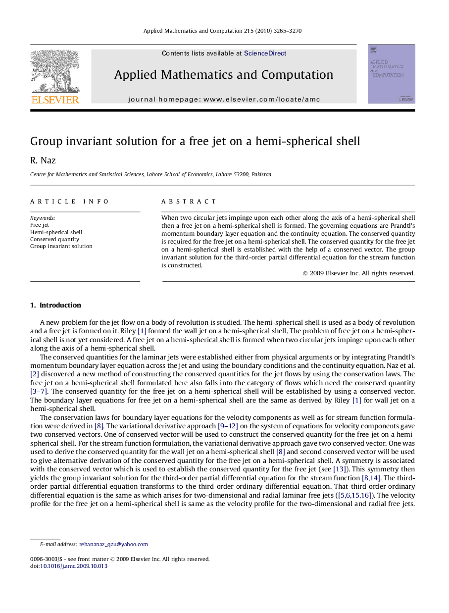 Group invariant solution for a free jet on a hemi-spherical shell