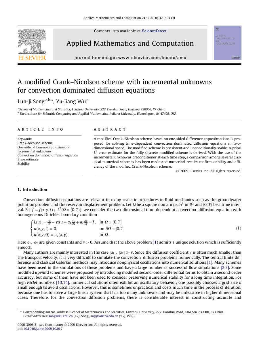 A modified Crank–Nicolson scheme with incremental unknowns for convection dominated diffusion equations