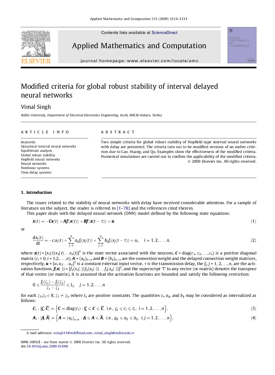 عکس صفحه اول مقاله: Modified criteria for global robust stability of interval delayed neural networks Modified criteria for global robust stability of interval delayed neural networks