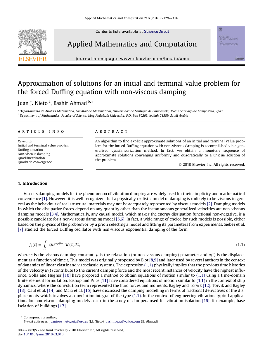 Approximation of solutions for an initial and terminal value problem for the forced Duffing equation with non-viscous damping