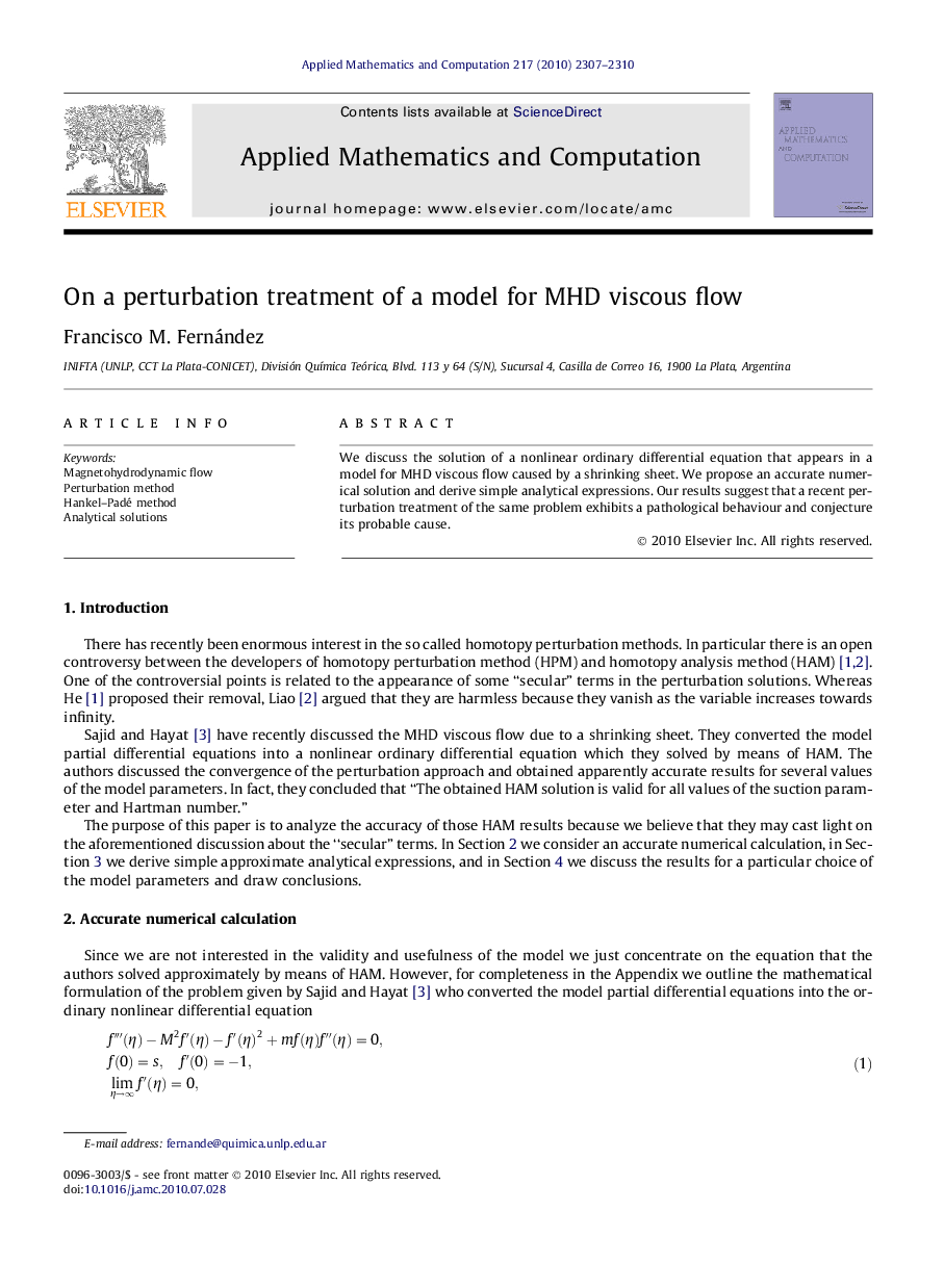 On a perturbation treatment of a model for MHD viscous flow