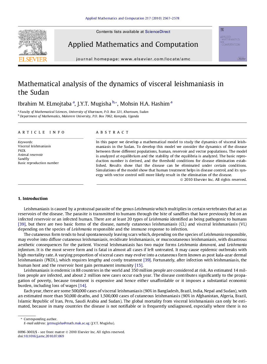 Mathematical analysis of the dynamics of visceral leishmaniasis in the Sudan