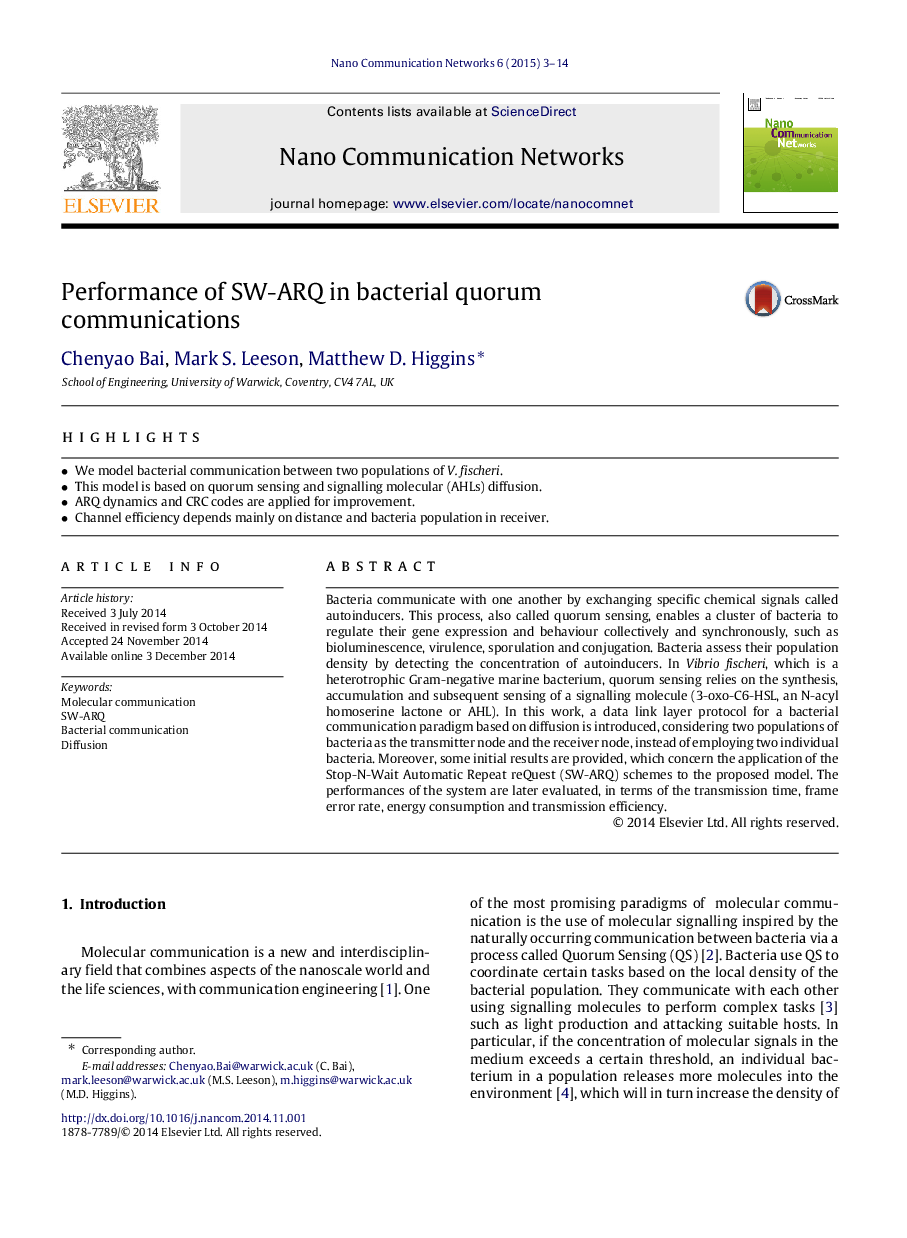 Performance of SW-ARQ in bacterial quorum communications