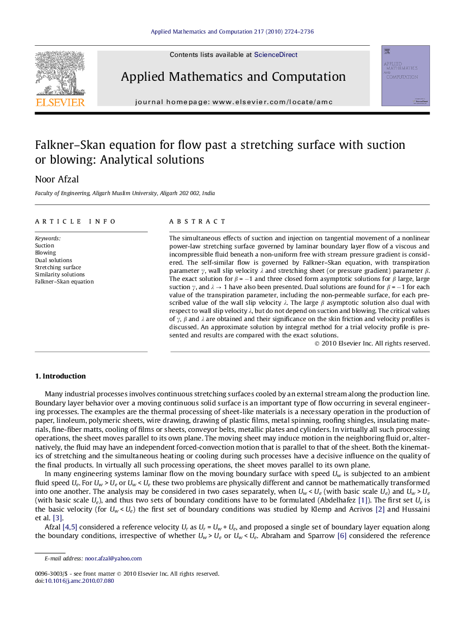 Falkner–Skan equation for flow past a stretching surface with suction or blowing: Analytical solutions