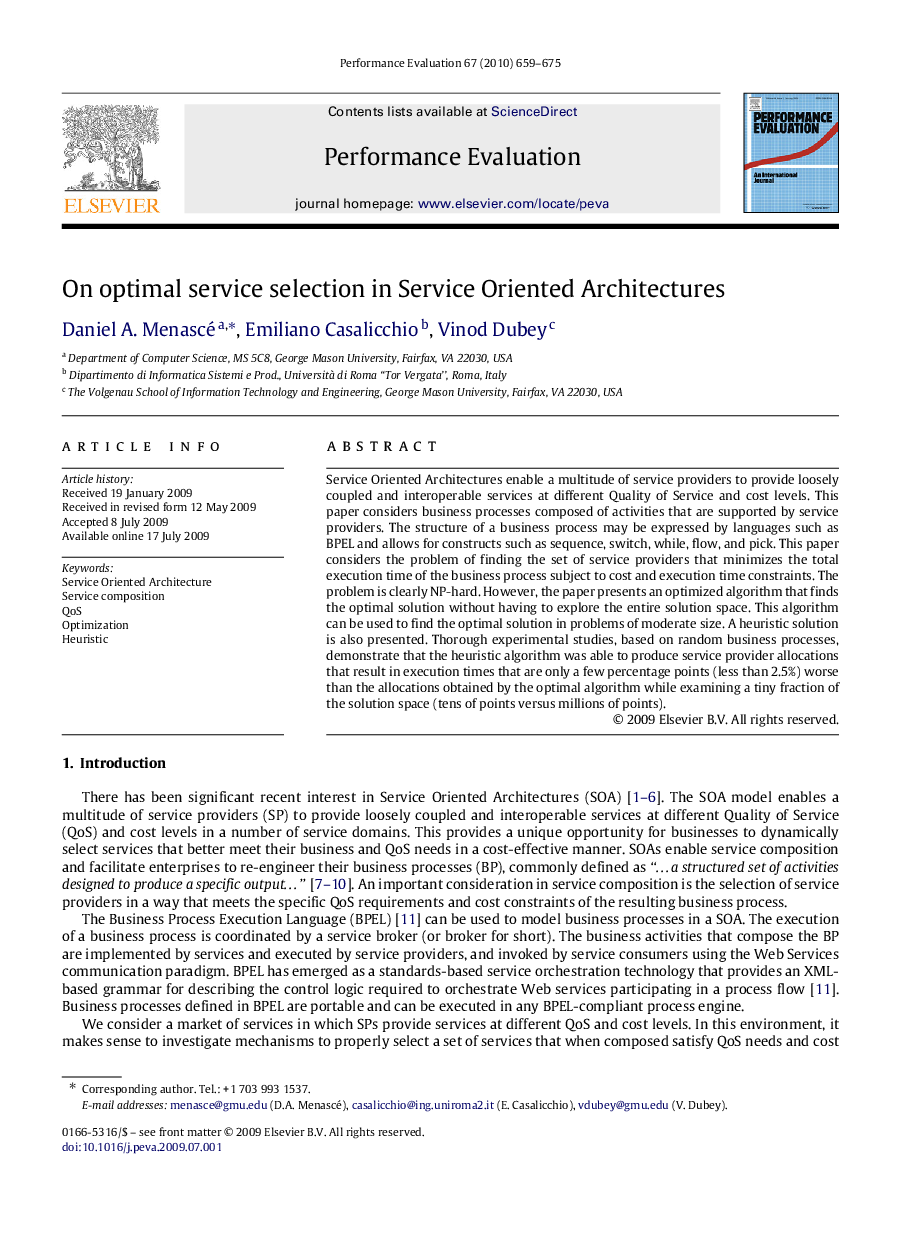 On optimal service selection in Service Oriented Architectures