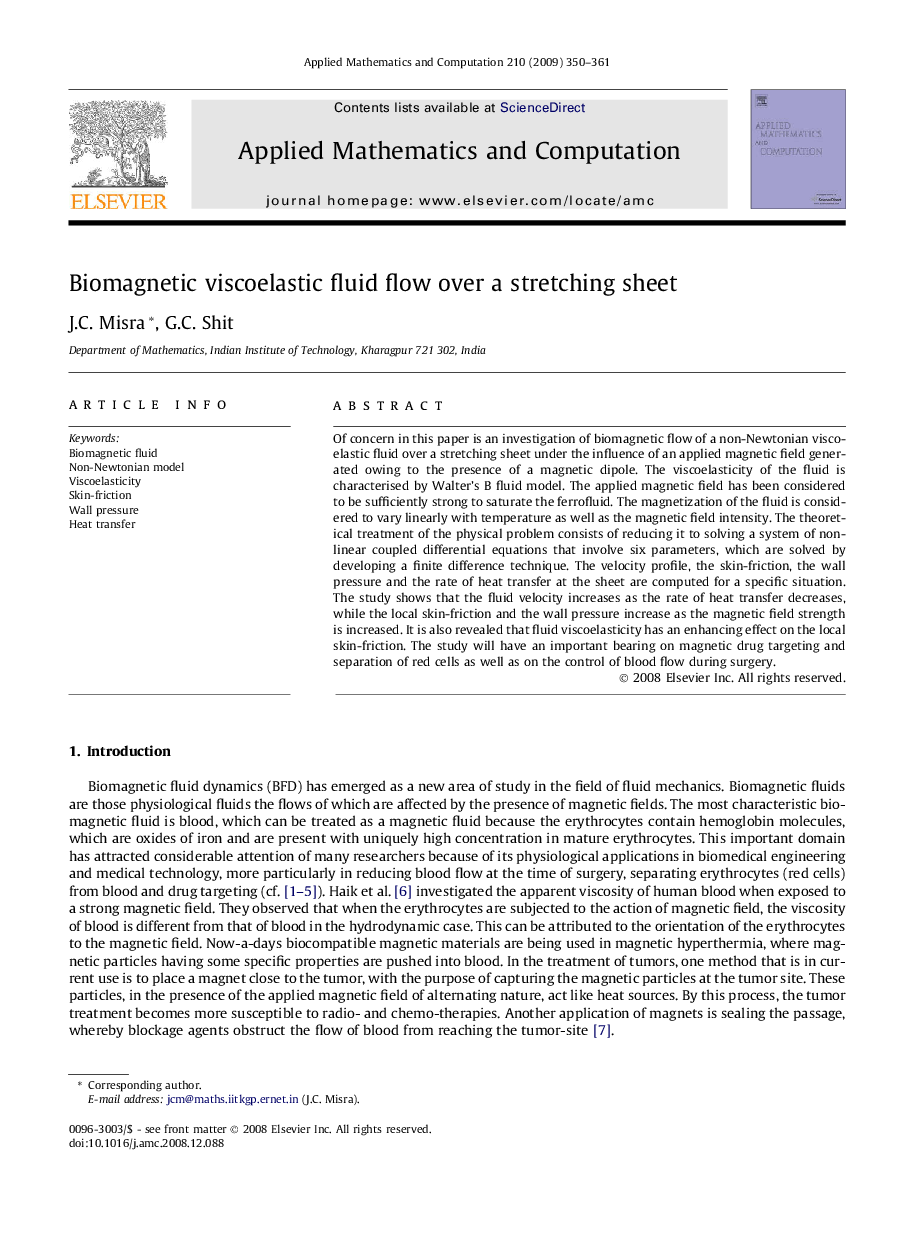 Biomagnetic viscoelastic fluid flow over a stretching sheet