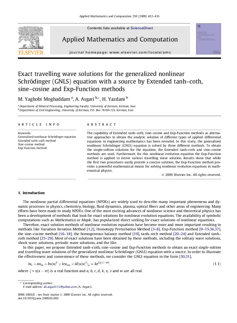 Exact travelling wave solutions for the generalized nonlinear Schrödinger (GNLS) equation with a source by Extended tanh–coth, sine–cosine and Exp-Function methods