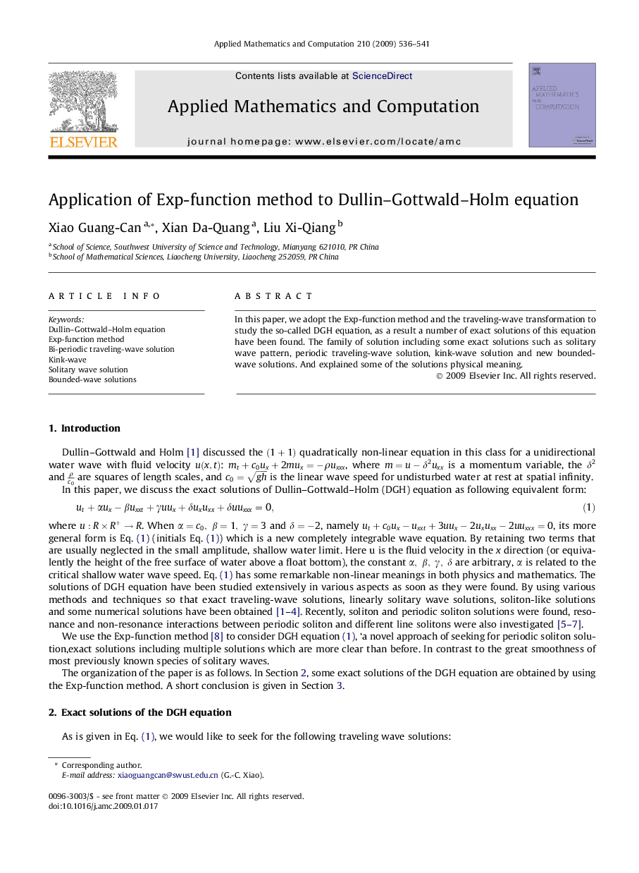 Application of Exp-function method to Dullin-Gottwald-Holm equation