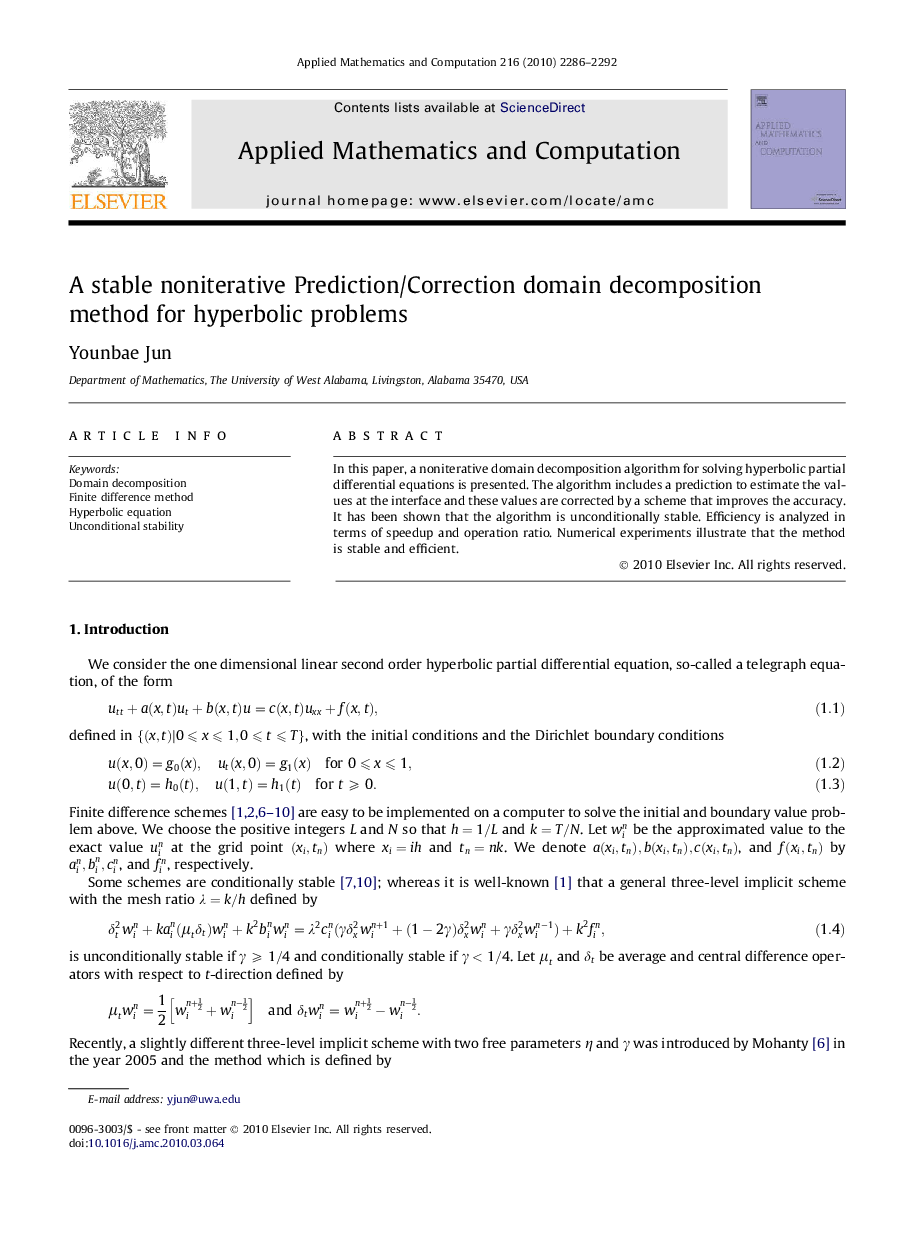 A stable noniterative Prediction/Correction domain decomposition method for hyperbolic problems