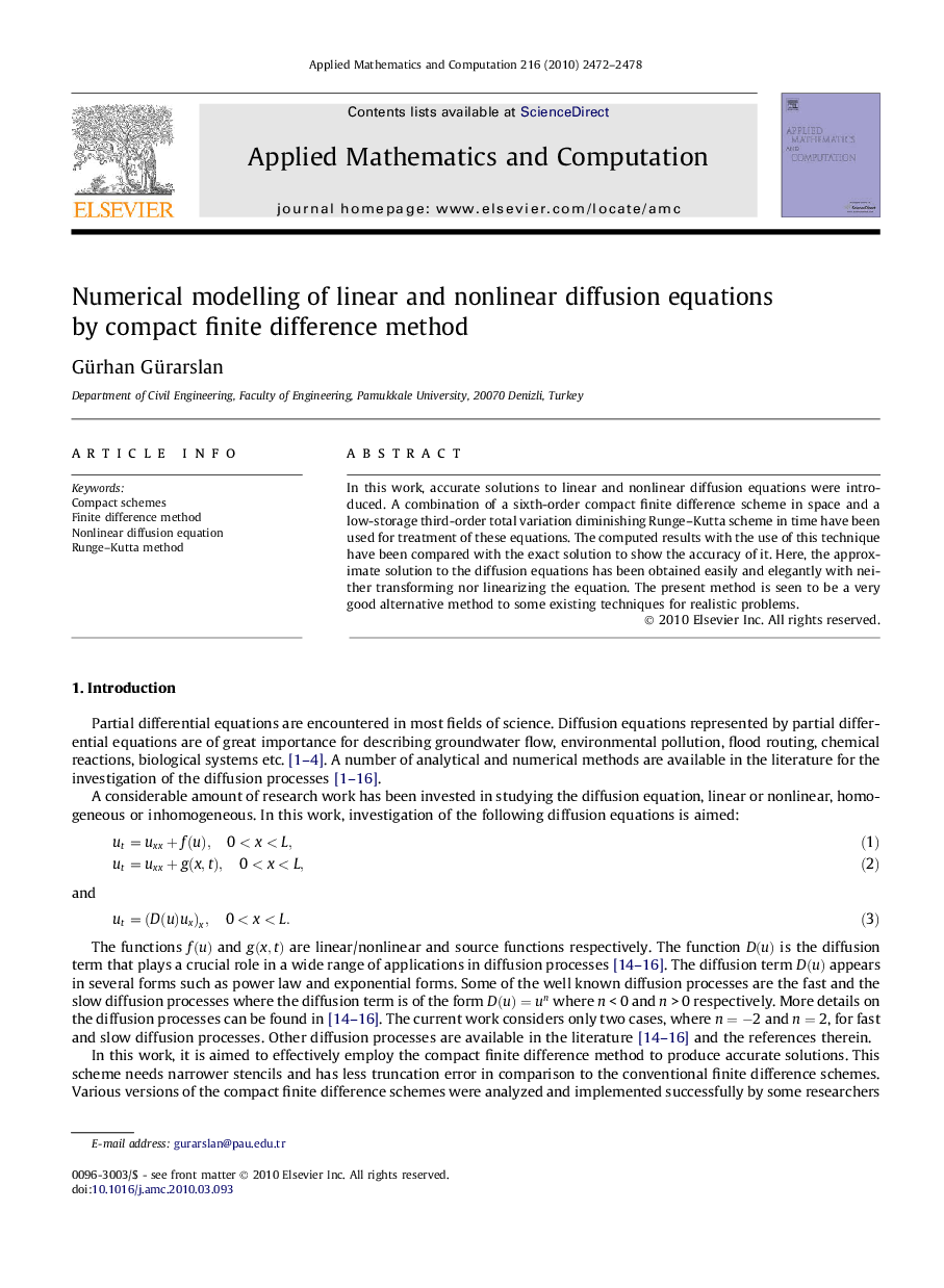 Numerical modelling of linear and nonlinear diffusion equations by compact finite difference method