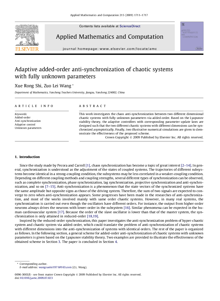 Adaptive added-order anti-synchronization of chaotic systems with fully unknown parameters