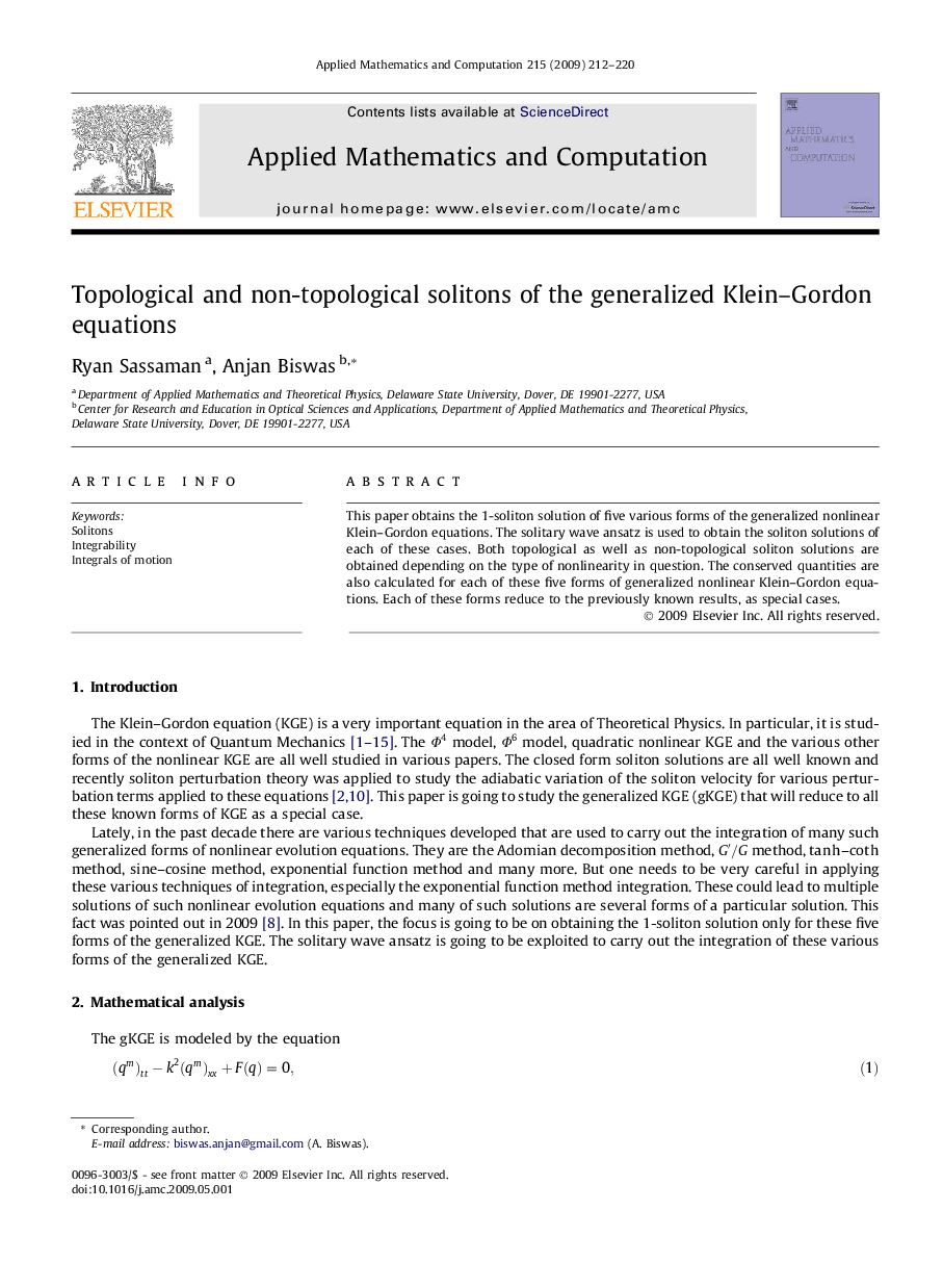 Topological and non-topological solitons of the generalized Klein-Gordon equations