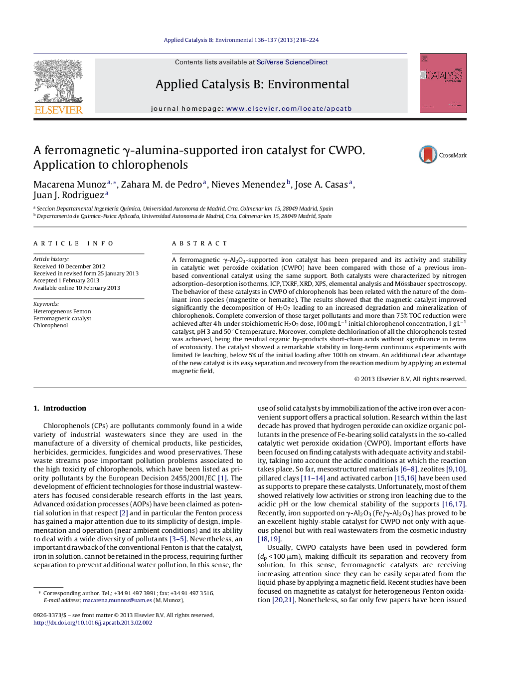 A ferromagnetic γ-alumina-supported iron catalyst for CWPO. Application to chlorophenols