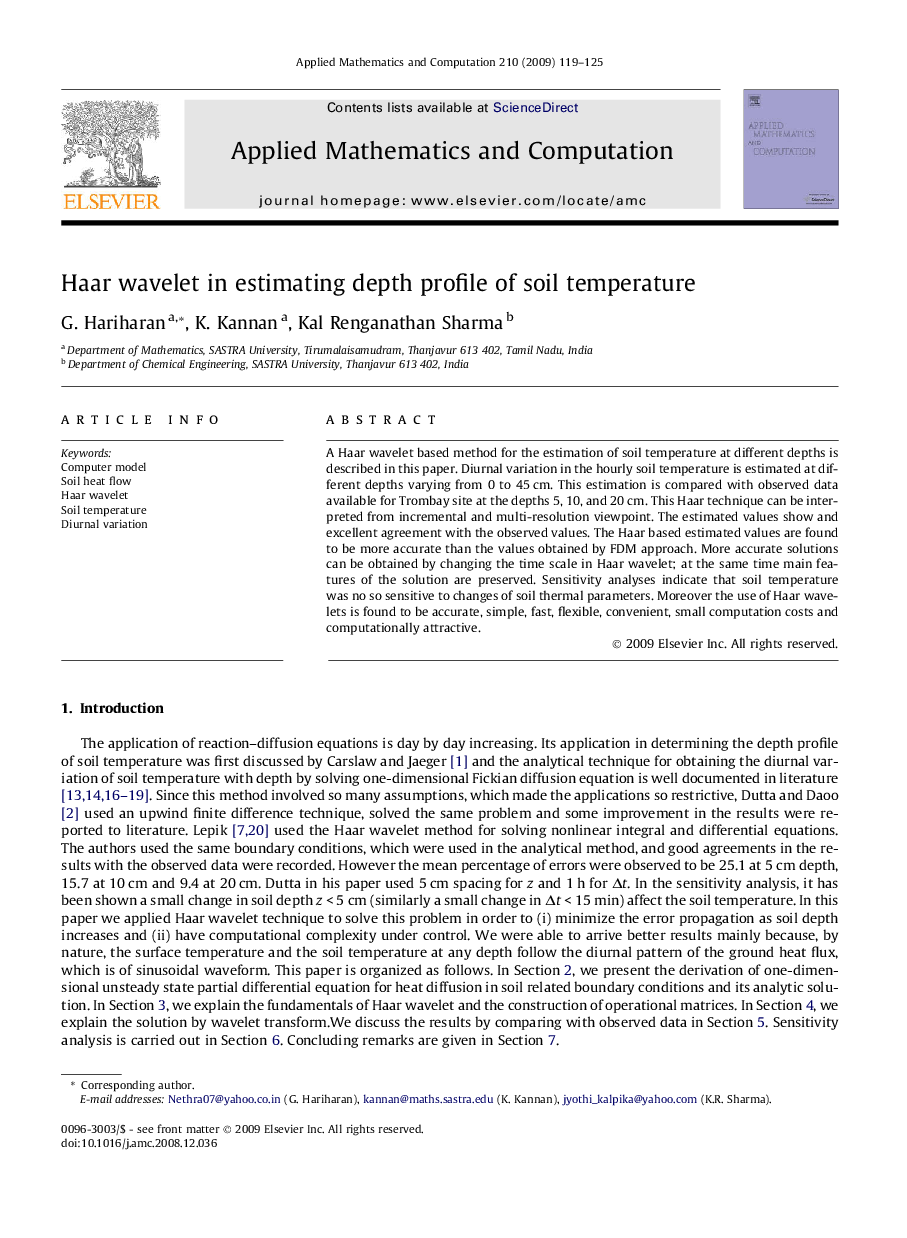 Haar wavelet in estimating depth profile of soil temperature