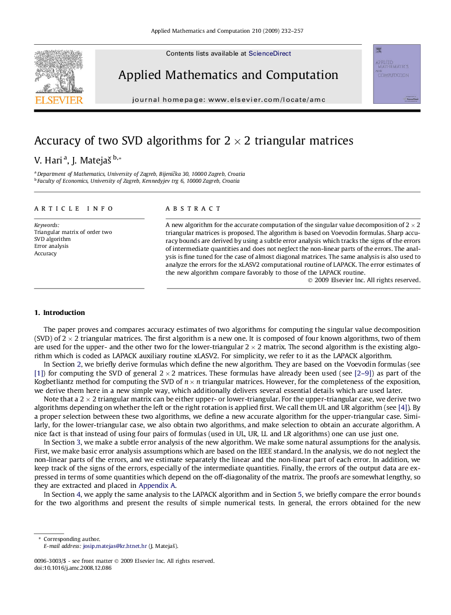 Accuracy of two SVD algorithms for 2×22×2 triangular matrices