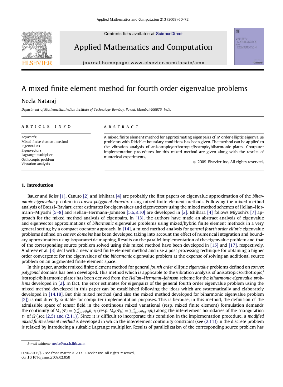 عکس صفحه اول مقاله: A mixed finite element method for fourth order eigenvalue problems A mixed finite element method for fourth order eigenvalue problems