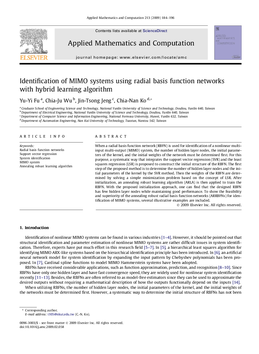 Identification of MIMO systems using radial basis function networks with hybrid learning algorithm