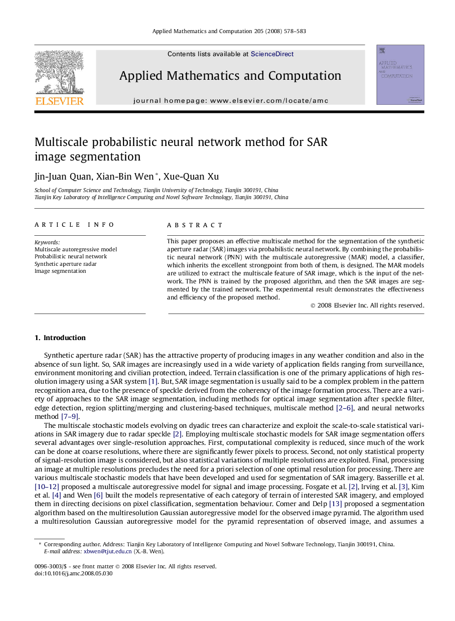 Multiscale probabilistic neural network method for SAR image segmentation