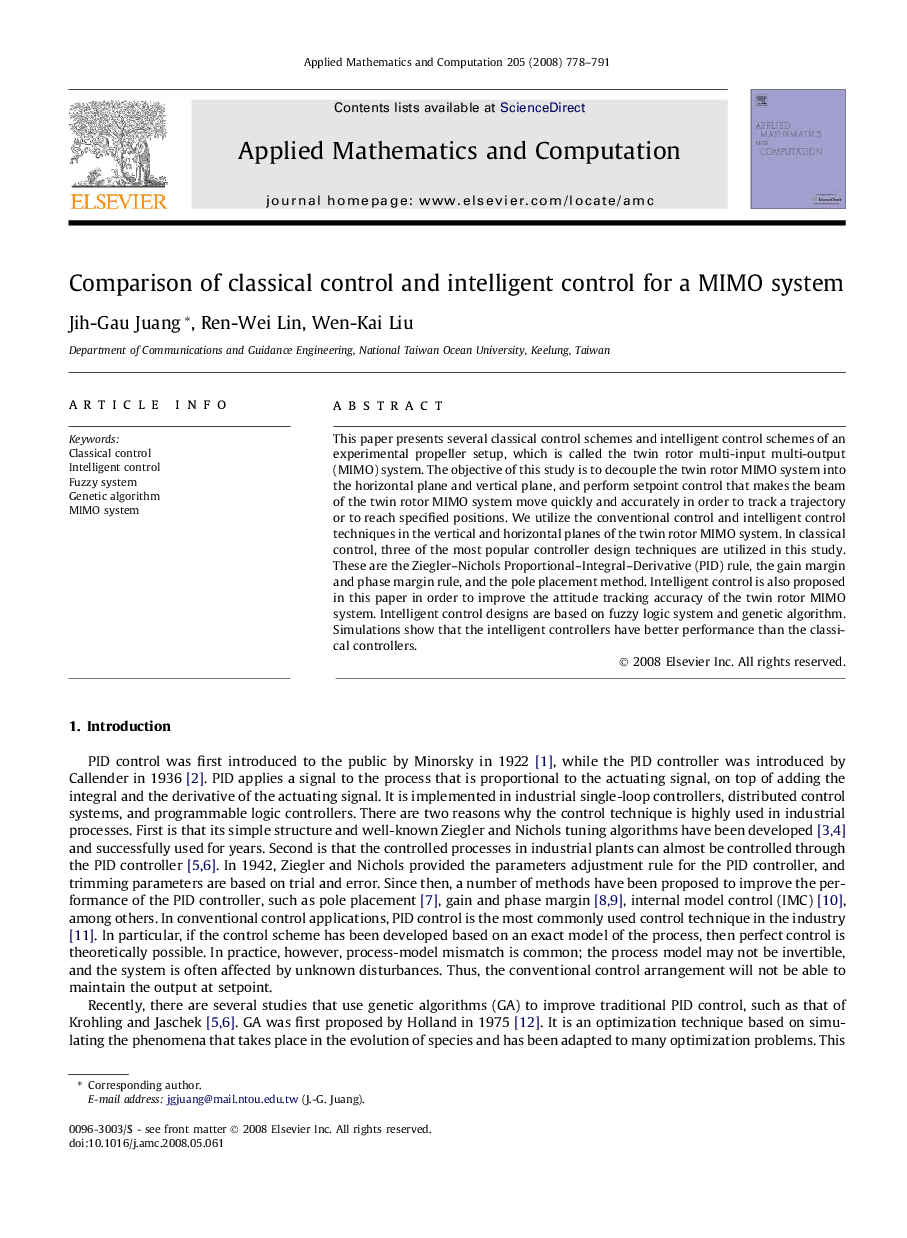 Comparison of classical control and intelligent control for a MIMO system