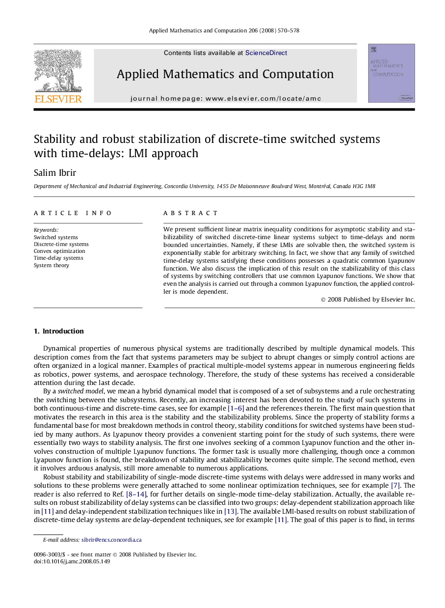 Stability and robust stabilization of discrete-time switched systems with time-delays: LMI approach