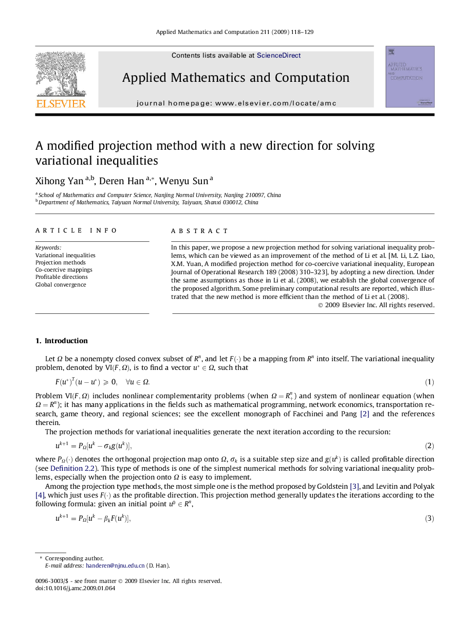 A modified projection method with a new direction for solving variational inequalities