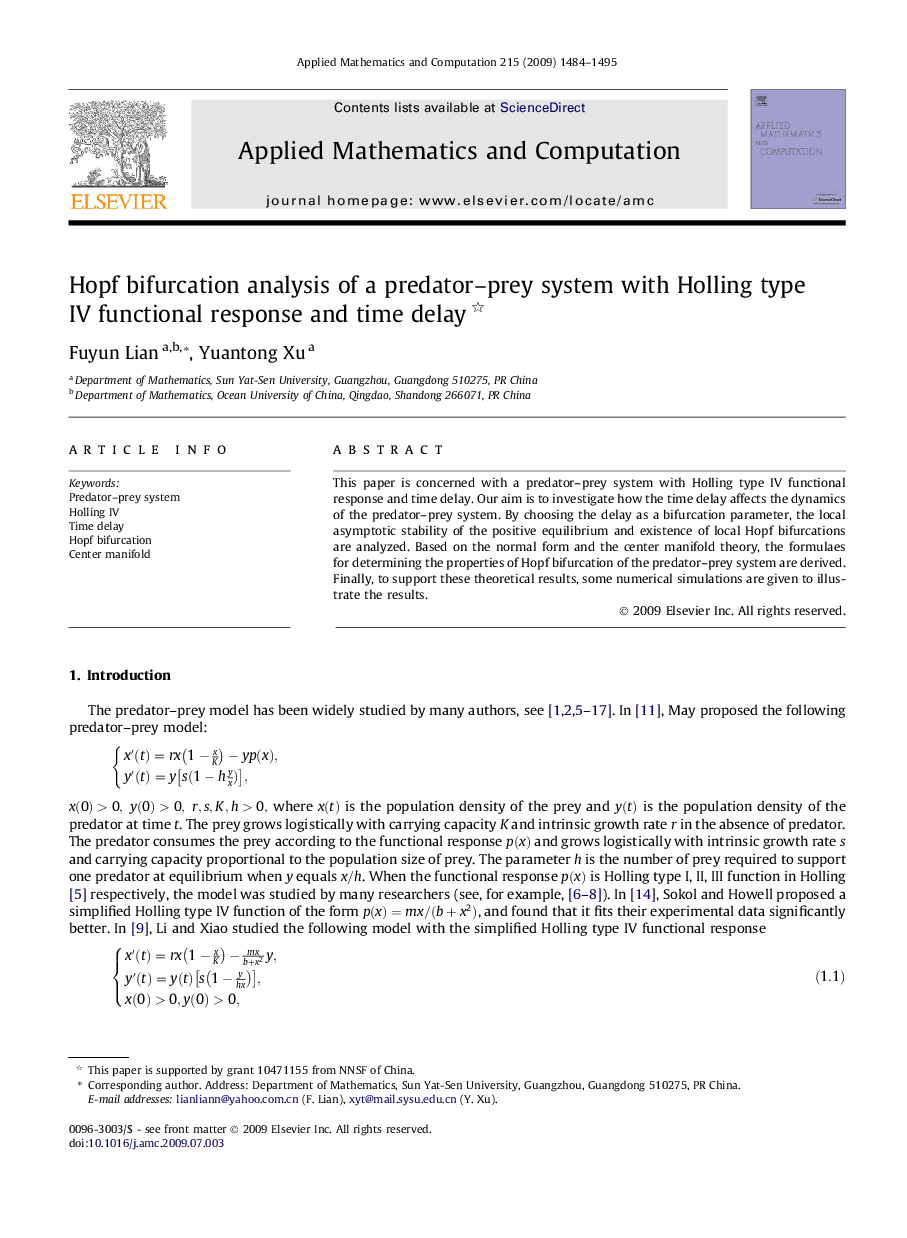 Hopf bifurcation analysis of a predator–prey system with Holling type IV functional response and time delay 