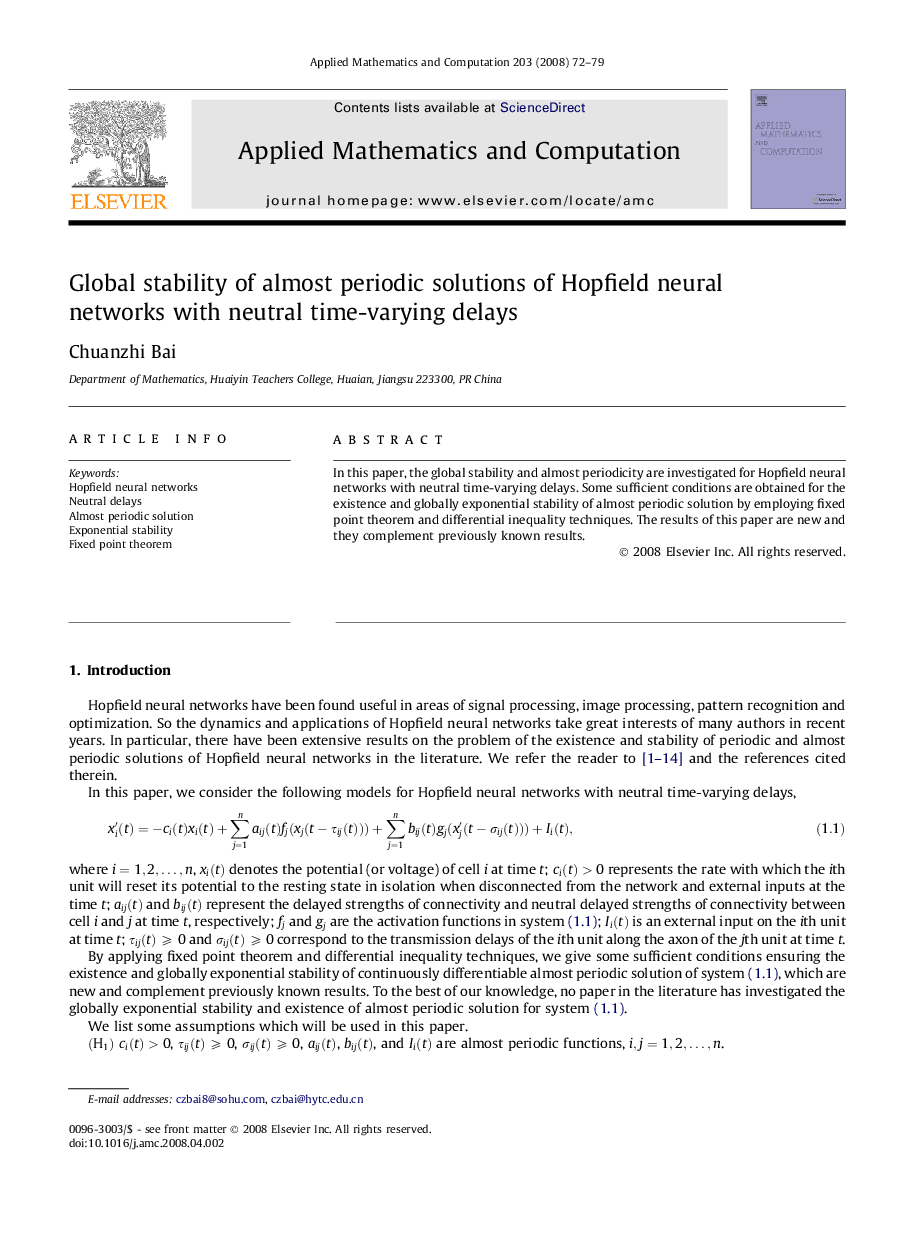 Global stability of almost periodic solutions of Hopfield neural networks with neutral time-varying delays