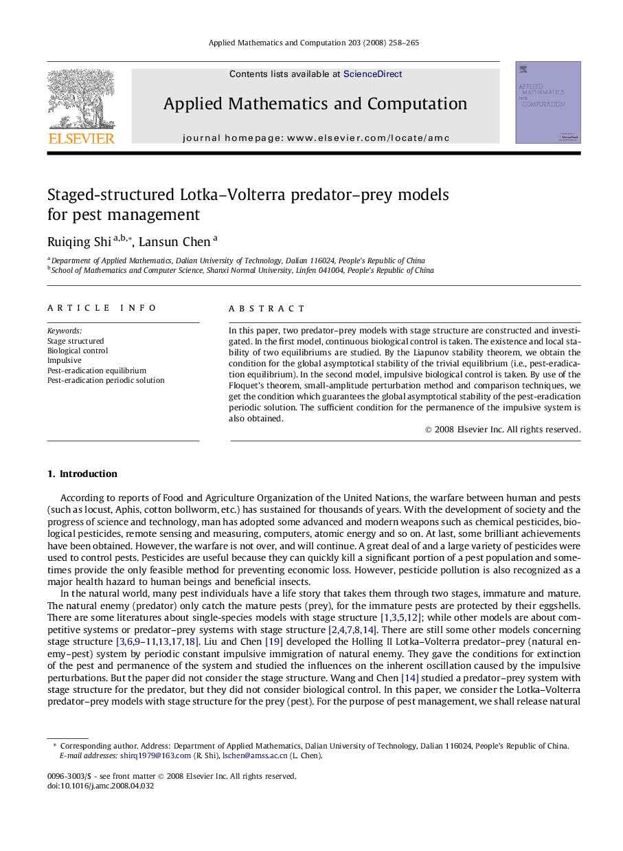 Staged-structured Lotka–Volterra predator–prey models for pest management