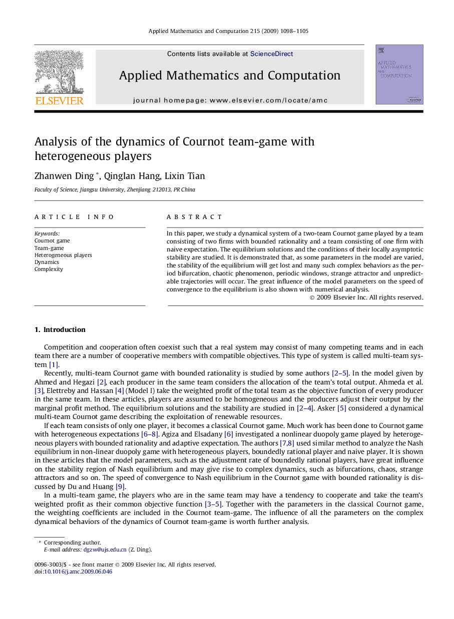 Analysis of the dynamics of Cournot team-game with heterogeneous players