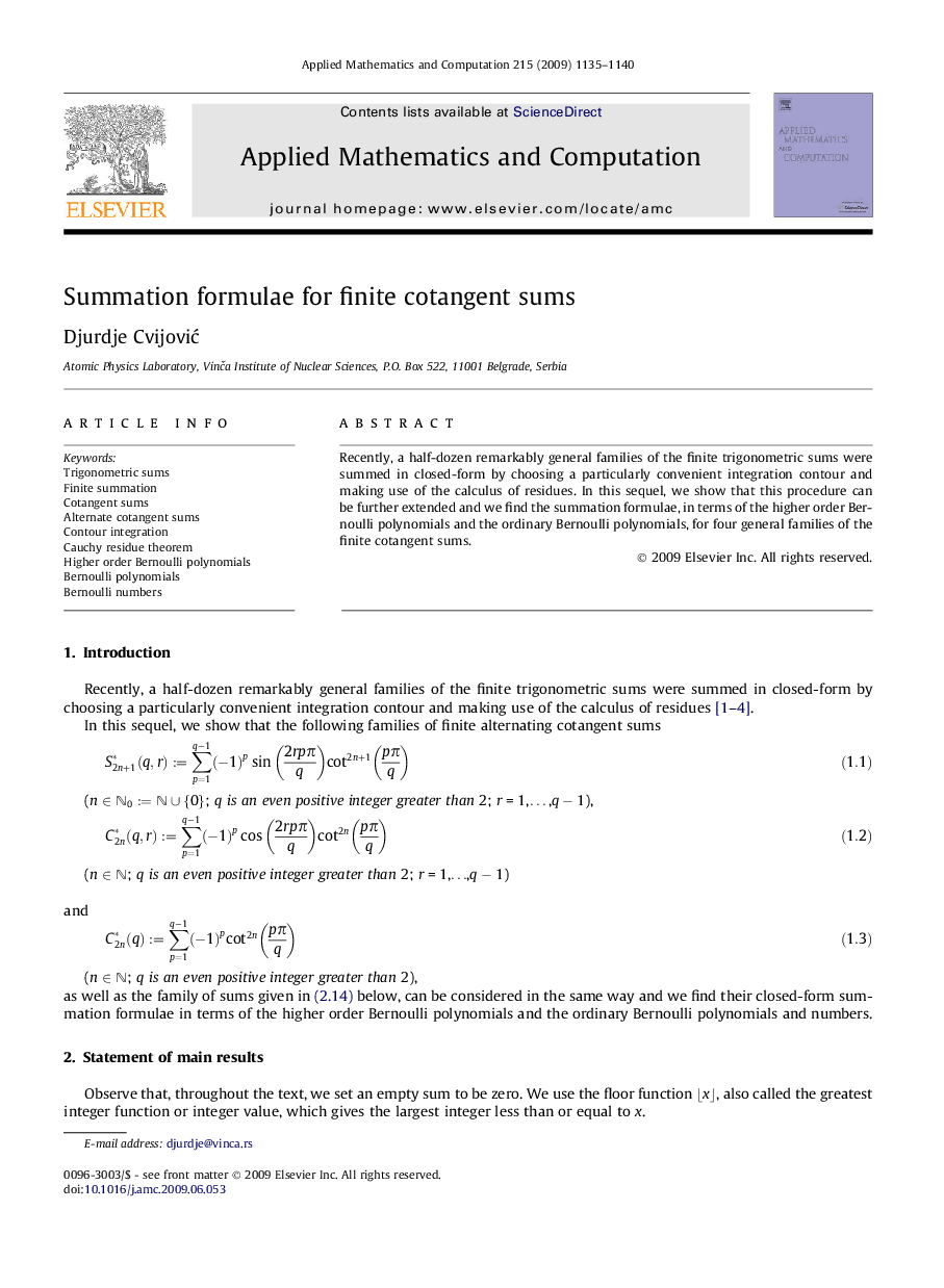 Summation formulae for finite cotangent sums