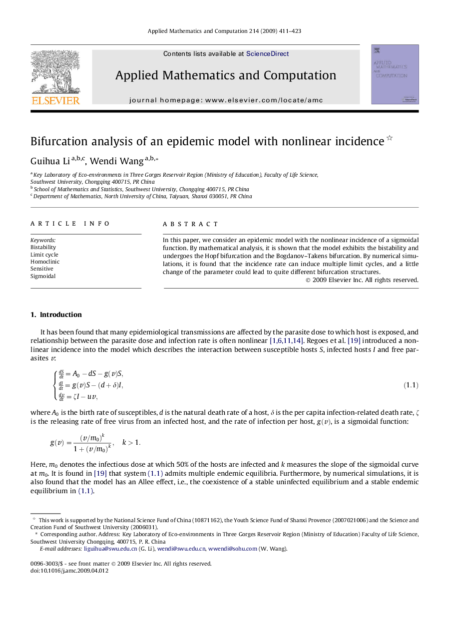 Bifurcation analysis of an epidemic model with nonlinear incidence 