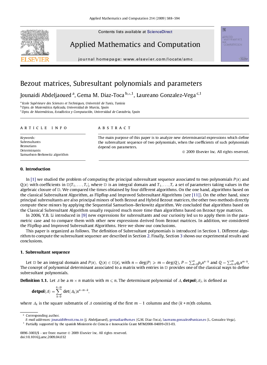 Bezout matrices, Subresultant polynomials and parameters