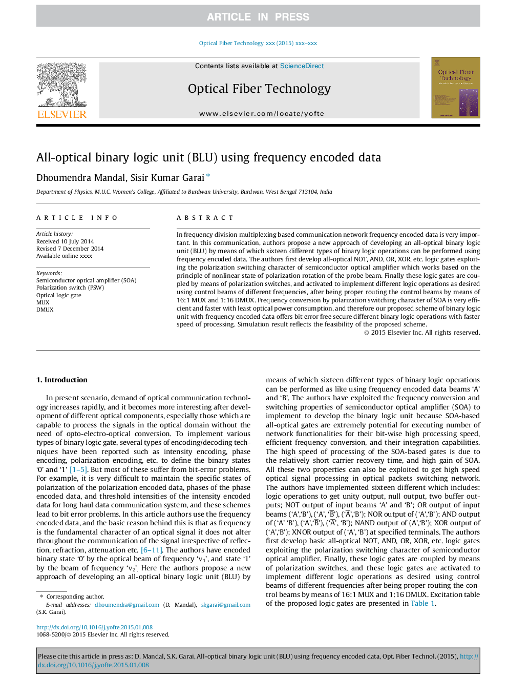 All-optical binary logic unit (BLU) using frequency encoded data