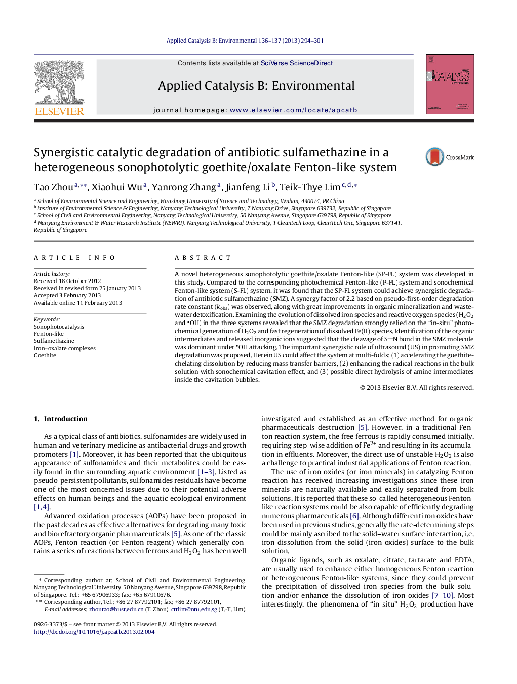 Synergistic catalytic degradation of antibiotic sulfamethazine in a heterogeneous sonophotolytic goethite/oxalate Fenton-like system