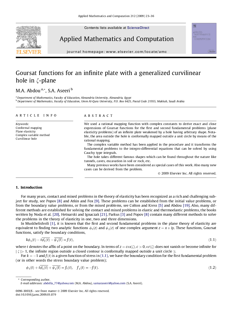 Goursat functions for an infinite plate with a generalized curvilinear hole in ζζ-plane