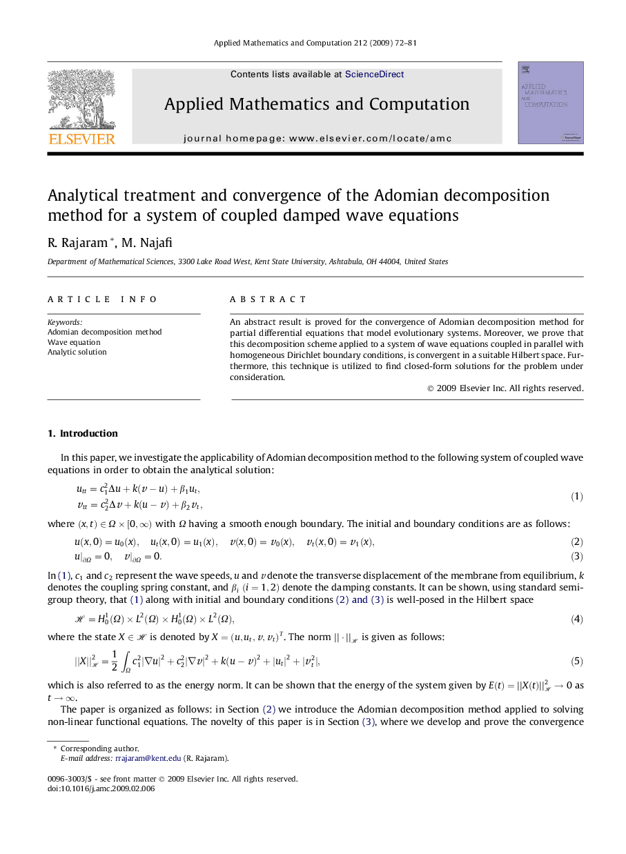 Analytical treatment and convergence of the Adomian decomposition method for a system of coupled damped wave equations