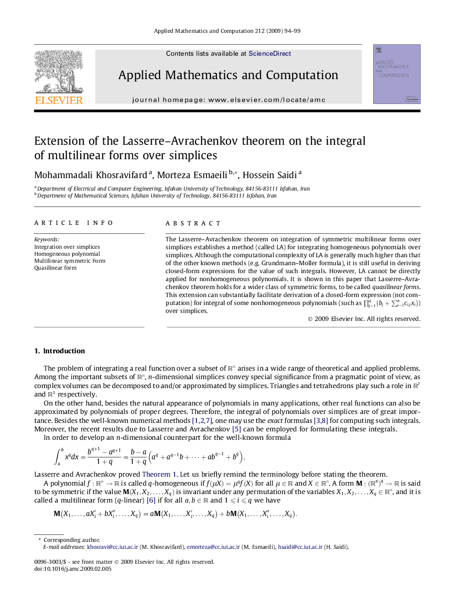 Extension of the Lasserre-Avrachenkov theorem on the integral of multilinear forms over simplices